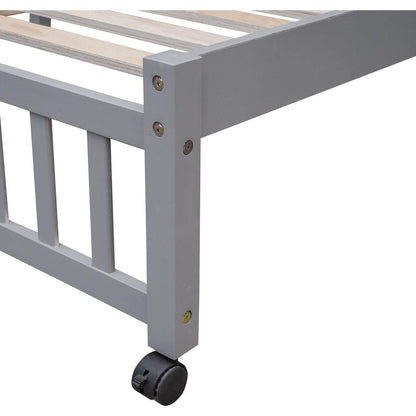 Wooden Twin Over Full Bunk Bed With Six Drawers And Flexible Shelves,Bottom Bed With Wheels,Gray