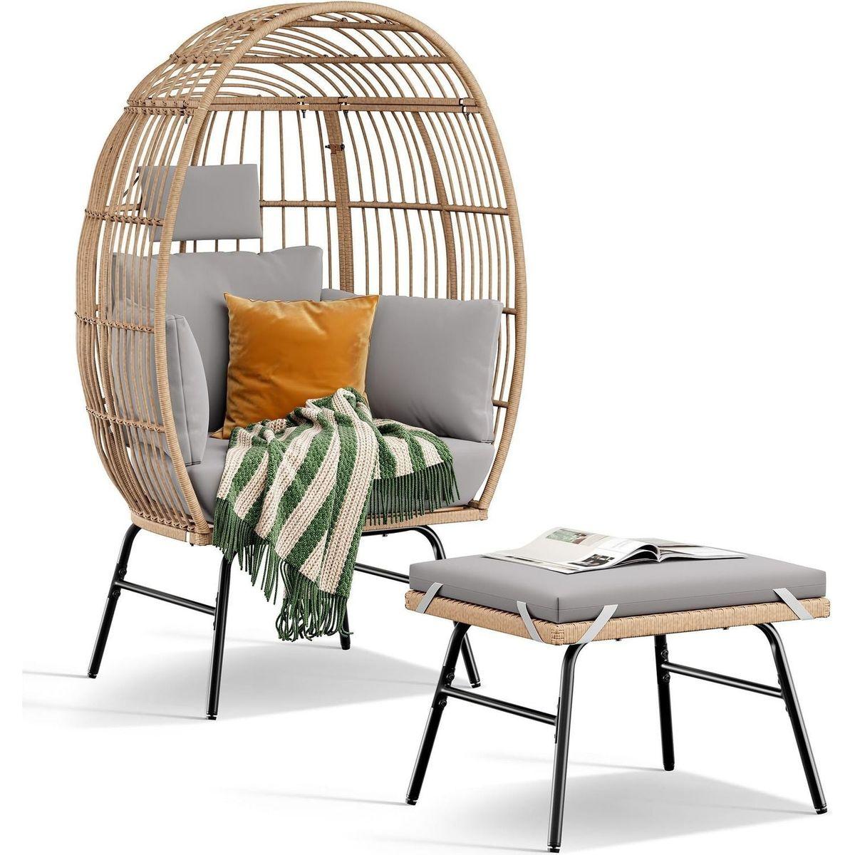 Outdoor Garden Wicker Egg Chair And Footstool Patio Chaise, With Cushions, Outdoor Indoor Basket Chair