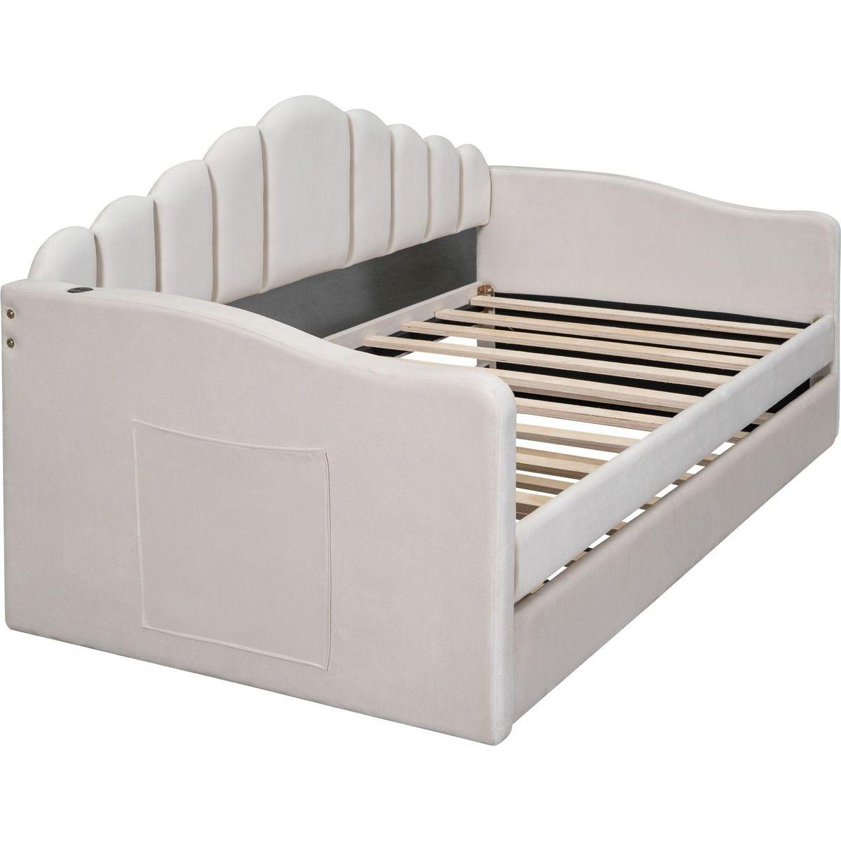 Twin size Upholstered Daybed with Trundle, Velvet Sofabed with USB Charging Ports,No Box-spring Needed,Beige