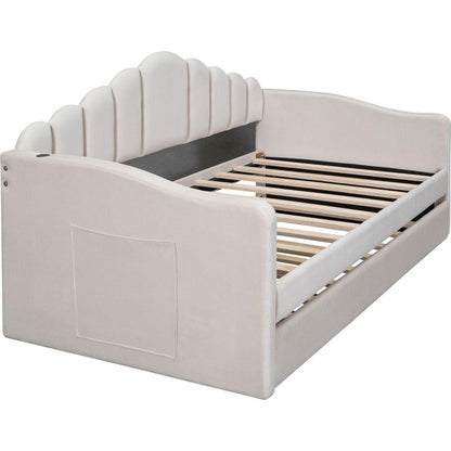 Twin size Upholstered Daybed with Trundle, Velvet Sofabed with USB Charging Ports,No Box-spring Needed,Beige