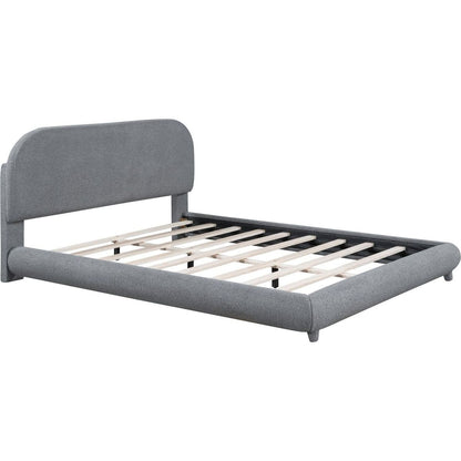 Teddy Fleece Queen Size Upholstered Platform Bed with Thick Fabric, Solid Frame and Stylish Curve-shaped Design, Gray