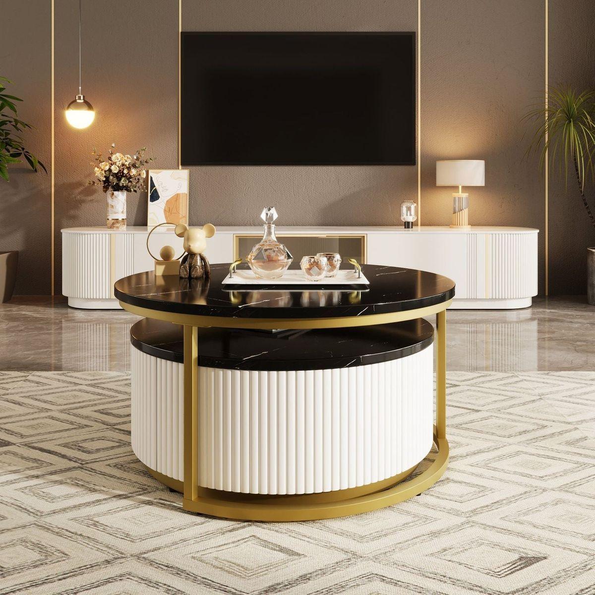 Modern Round Nesting Coffee Table Fluted with Drawer in Black & Gold in 31.5"