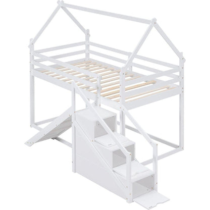 Twin over Twin House Loft or Bunk Bed with Slide and Staircase, White