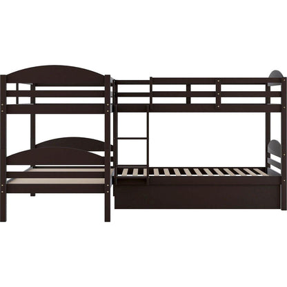 Twin L-Shaped Bunk bed with Trundle-Espresso{O
