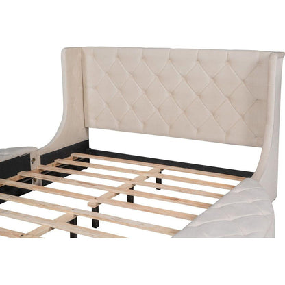 Upholstered Platform Bed Queen Size Storage Velvet Bed with Wingback Headboard and 1 Big Drawer,2 Side Storage Stool(Beige)