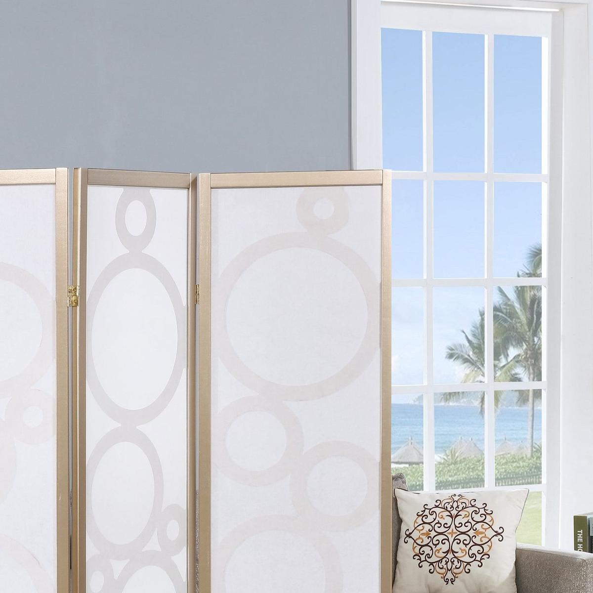 Arvada 4-Panel Wood Room Divider with Circle Pattern, Gold