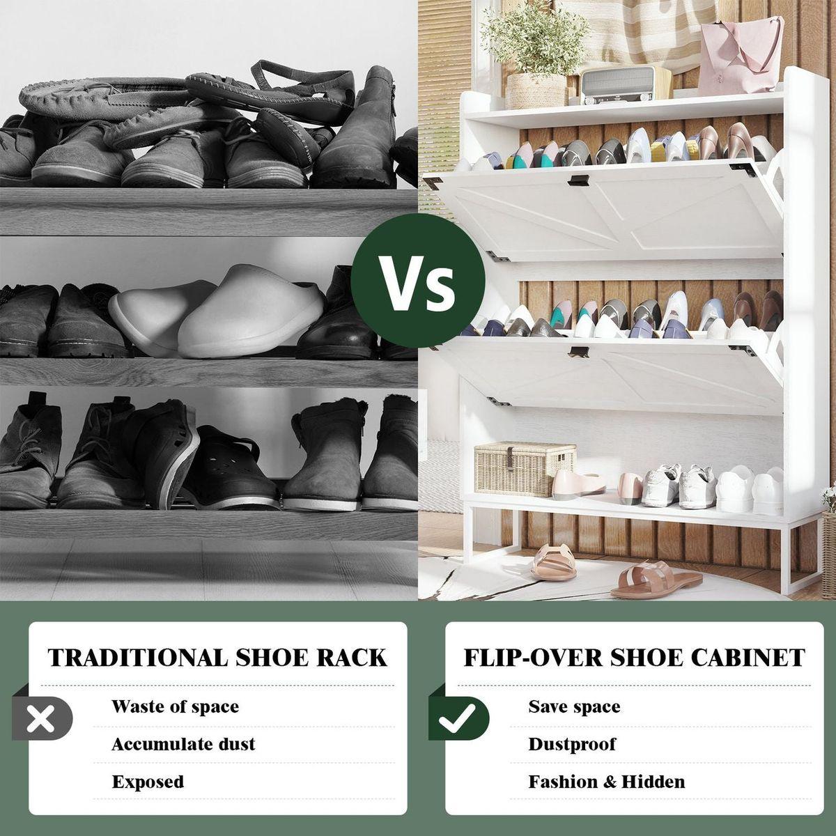 Shoe Cabinet with 2 Flip Drawers,Shoe Storage Cabinet for Entryway,Freestanding Shoe Cabinet Organizer with Open Storage,Narrow Farmhouse Shoe Rack with Metal Corner Decoration Legs,White
