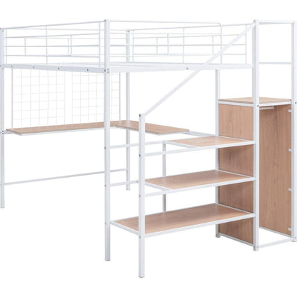 Full Size Metal Loft Bed with Desk and Metal Grid, Stylish Metal Frame Bed with Lateral Storage Ladder and Wardrobe, White
