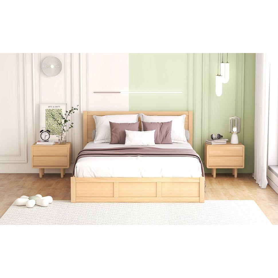 Queen Size Wood Platform Bed with Underneath Storage and 2 Drawers, Wood Color