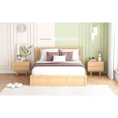 Queen Size Wood Platform Bed with Underneath Storage and 2 Drawers, Wood Color