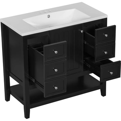 36" Bathroom Vanity with Sink Combo, One Cabinet and Three Drawers, Solid Wood and MDF Board, Black