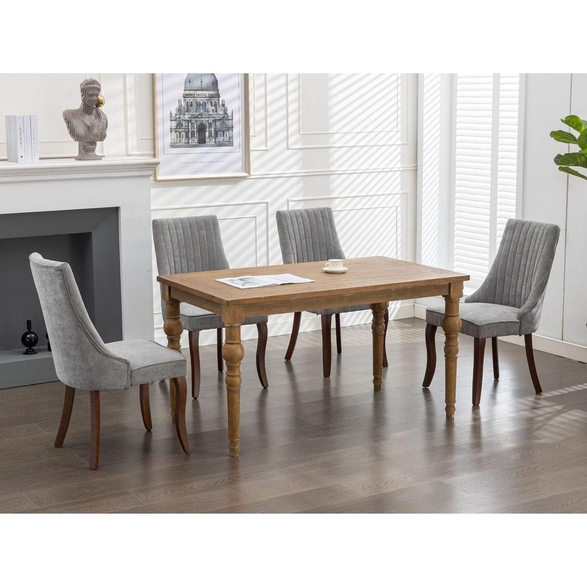 Rayon Cloth Flocking Linen Dining Chairs Channel Kitchen Dinner Chair Comfy Fabric Upholstered Accent Chair for Dining Room with Curved Solid Wood Legs,Set of 2 (Gray)