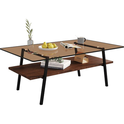 Rectangle Coffee Table, Tempered Glass Tabletop with Black Metal Legs, Modern Table for Living Room, Brown Glass