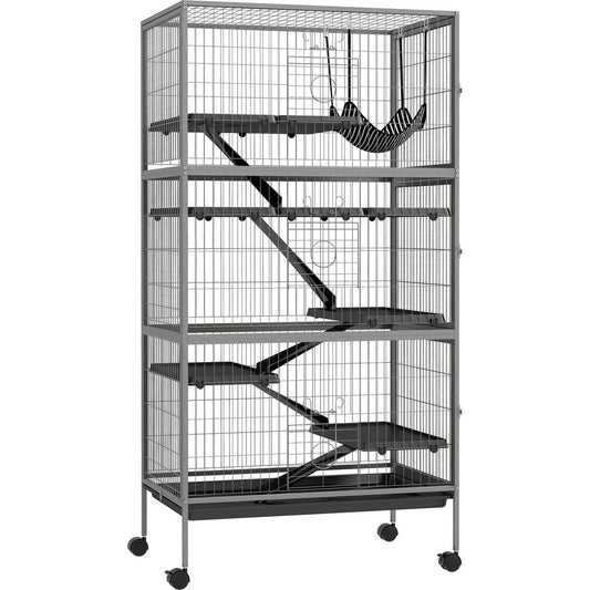 63" 6-Tier Small Animal Cage, Ferret Cage, Large Chinchilla Cage with Hammock Accessory & Heavy-Duty Steel Wire, Small Animal Habitat with 6 Doors, Removable Tray, Gray