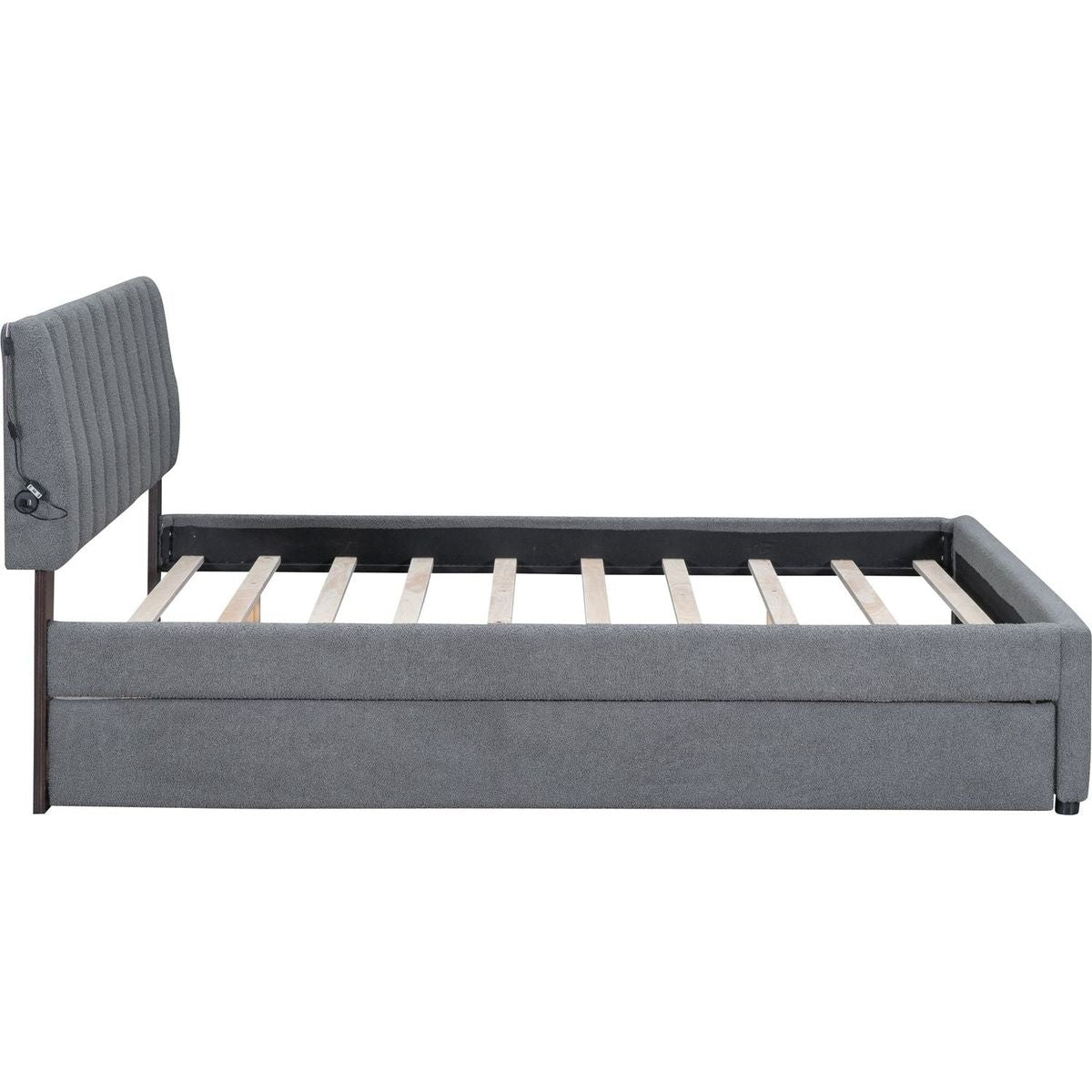 Teddy Fleece Queen Size Upholstered Platform Bed with Trundle, Gray