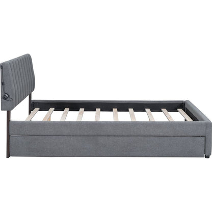 Teddy Fleece Queen Size Upholstered Platform Bed with Trundle, Gray
