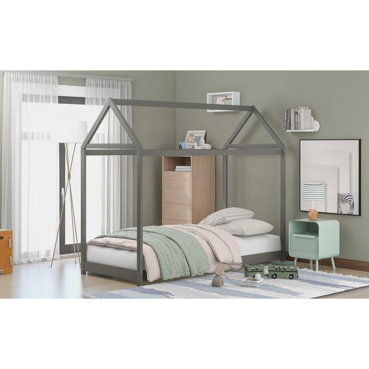 Twin Size Wooden House Bed, Gray(New)