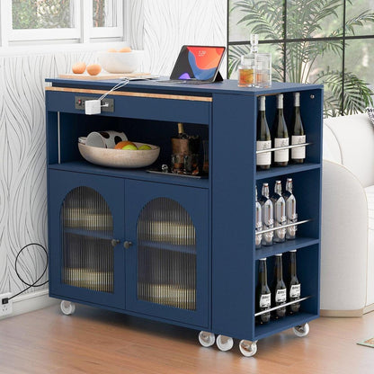 Rolling Kitchen Island With Movable Extended Table, Kitchen Cabinet on Wheels with Power Outlets and 2 Fluted Glass Doors, Kitchen Island with a Storage Compartment and Side 3 Open Shelves, Navy