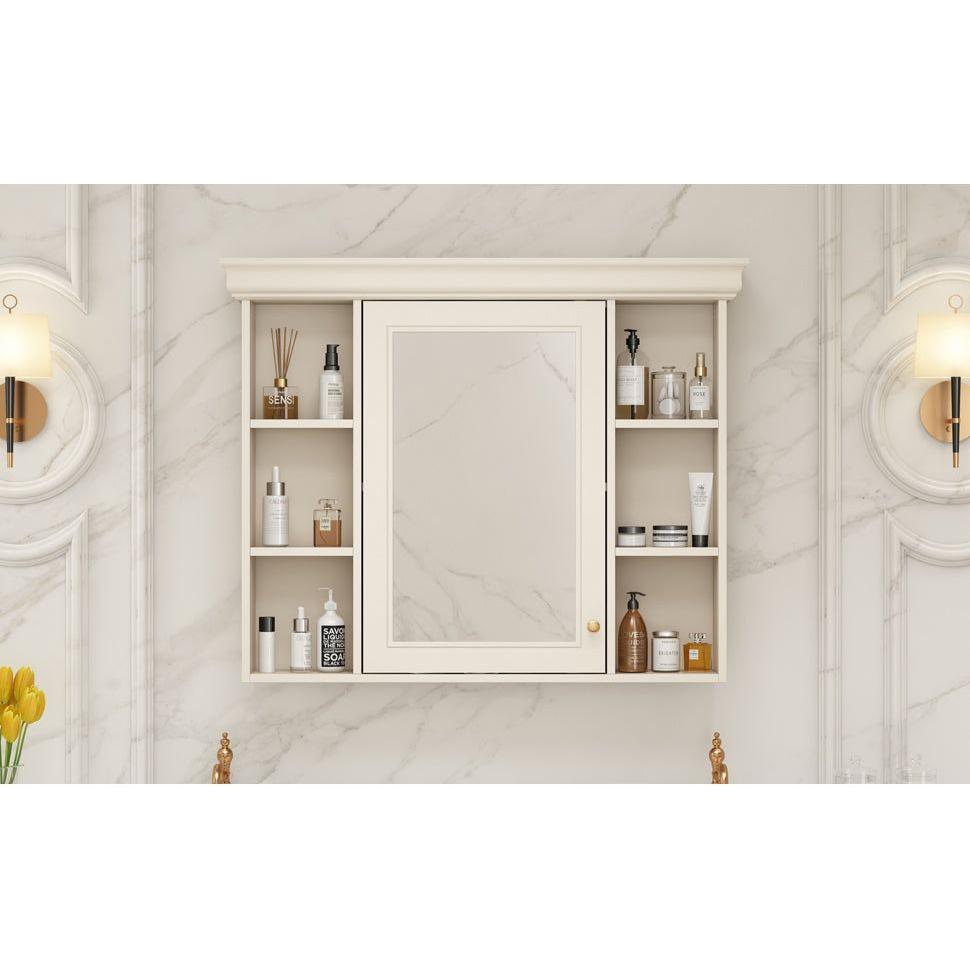 35" x 28" Blue Wall Mounted Bathroom Storage Cabinet with Mirror Door, Modern Bathroom Wall Cabinet with Mirror, Medicine Cabinet with 6 Open Shelves