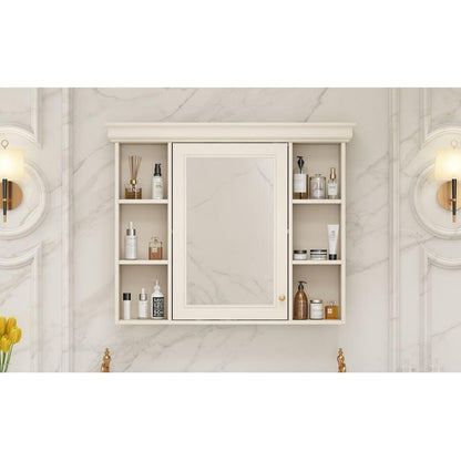 35" x 28" Blue Wall Mounted Bathroom Storage Cabinet with Mirror Door, Modern Bathroom Wall Cabinet with Mirror, Medicine Cabinet with 6 Open Shelves