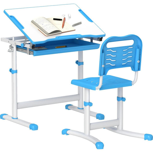 Qaba Kids Desk and Chairs Set, Height Adjustable Children School Study Desk with Tilt Desktop, Storage Drawer, Pen Slot, Hook, Ergonomic Table and Chair Set for Kids, Blue