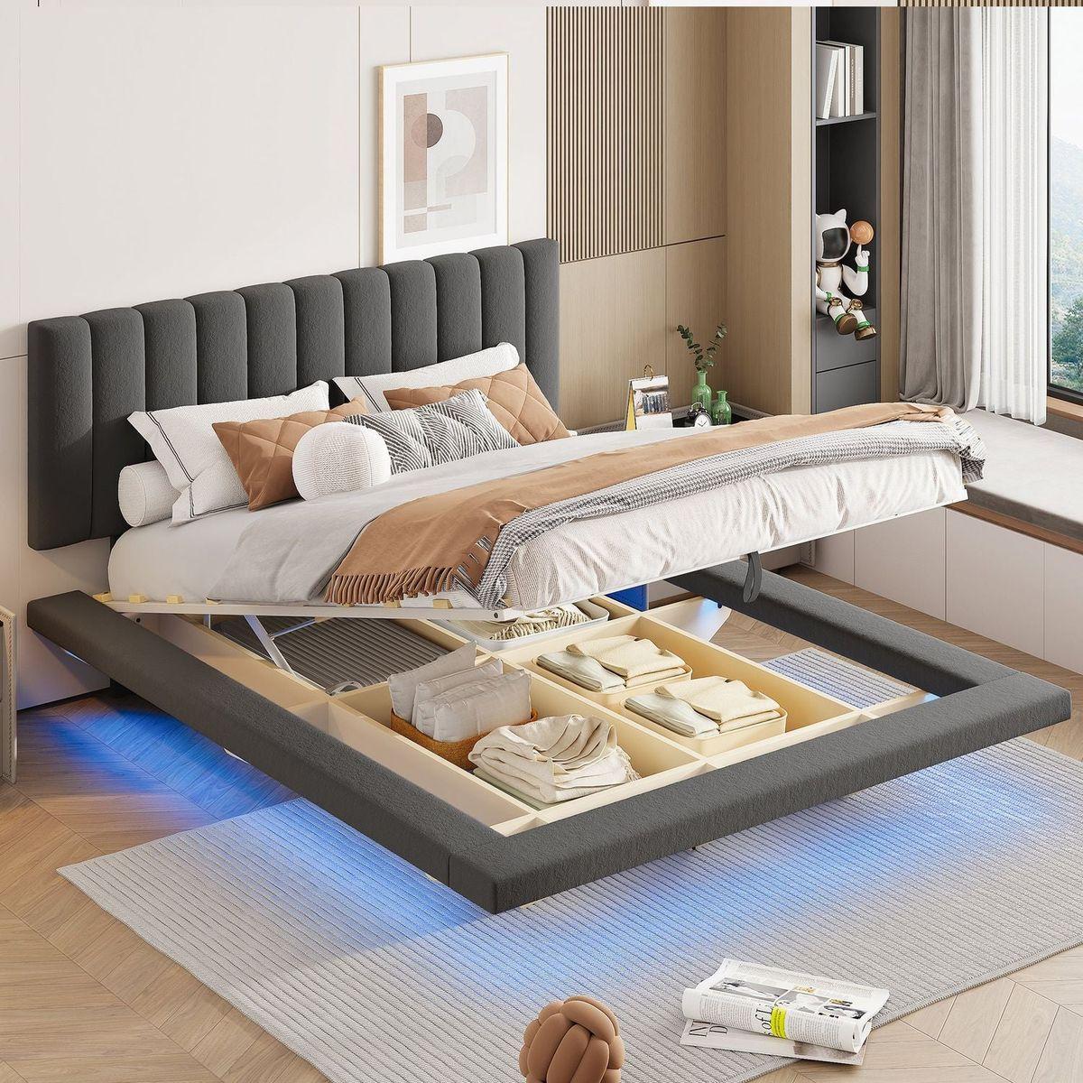 Queen Size Upholstered Floating Bed with LED Light and USB Port, Velvet, Gray, Hydrualic Platform Bed
