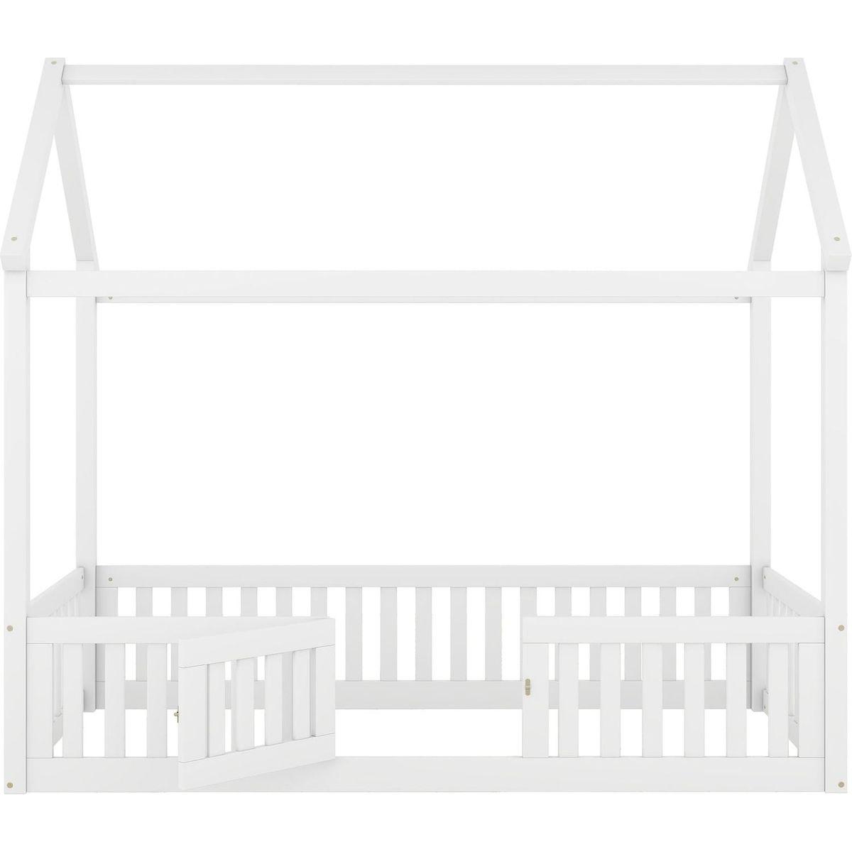 Twin Size Wood House Bed with Fence and Door, White