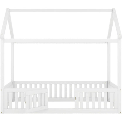 Twin Size Wood House Bed with Fence and Door, White