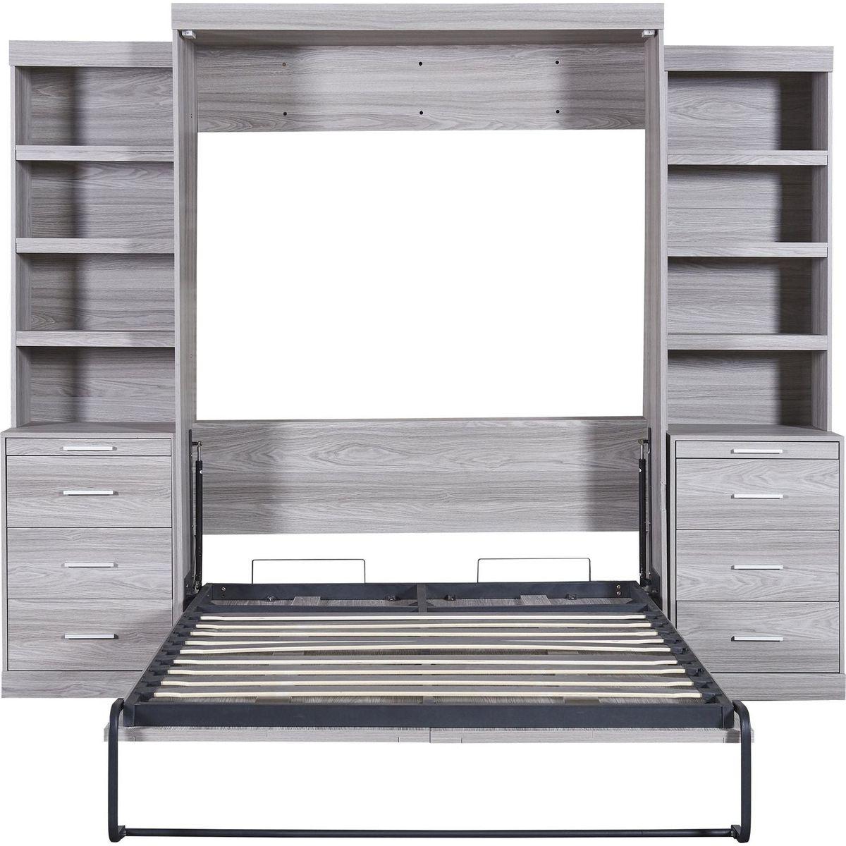 Full Size Murphy Bed with Storage Shelves and Drawers, Gray