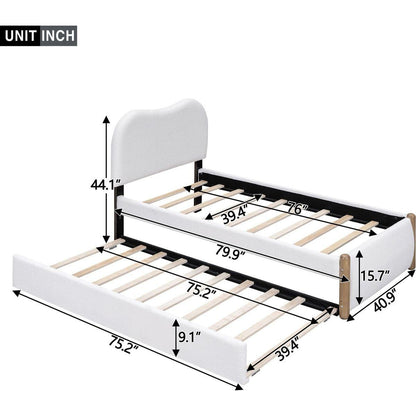 Twin Size Upholstered Platform Bed with Wood Supporting Feet and Twin Size Trundle, White