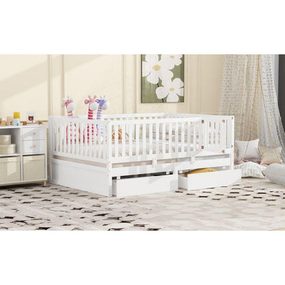 Full Size Wood Daybed with Fence Guardrails and 2 Drawers, Split into Independent Floor Bed & Daybed, White