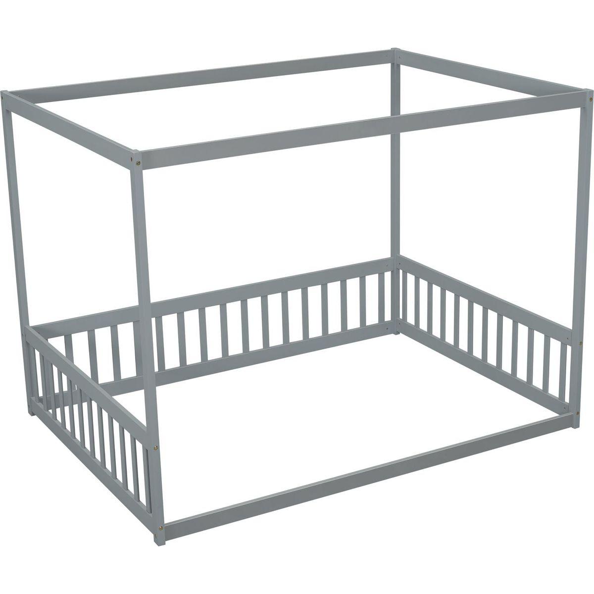 Full Size Canopy Frame Floor Bed with Fence, Guardrails,Grey