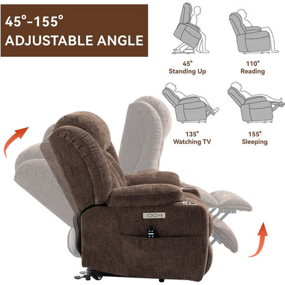 Up to 350 LBS Chenille Power Lift Recliner Chair, Heavy Duty Motion Mechanism with 8-Point Vibration Massage and Lumbar Heating, USB and Type-C Ports, Stainless Steel Cup Holders, Brown