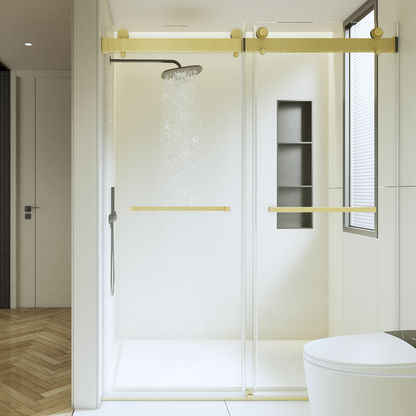 56-60 inches W x76 inches H Frameless Double Sliding Soft-Close Shower Door in Brushed Gold,3/8 inches (10mm) Thick SGCC Tempered Glass Door