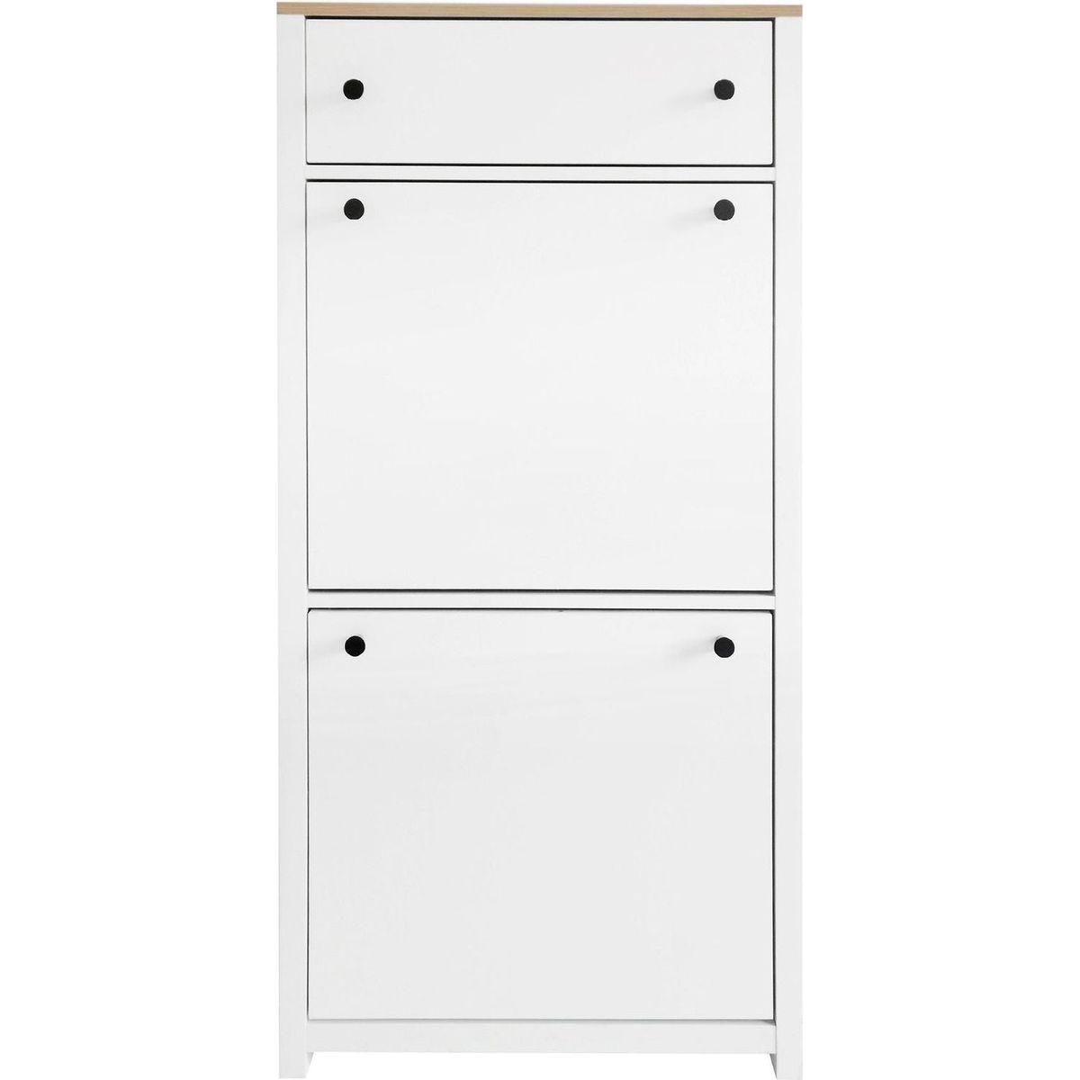 Slim Shoe Cabinet Set with 4 Flip Drawers, Wood Grain Pattern Top Shoe Storage Solution with Adjustable Panel, Modern Style Shoe Rack with Drawers for Hallway, White