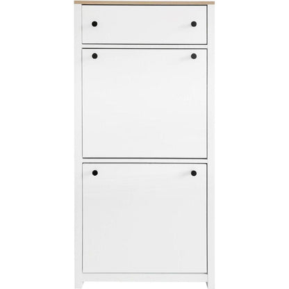 Slim Shoe Cabinet Set with 4 Flip Drawers, Wood Grain Pattern Top Shoe Storage Solution with Adjustable Panel, Modern Style Shoe Rack with Drawers for Hallway, White