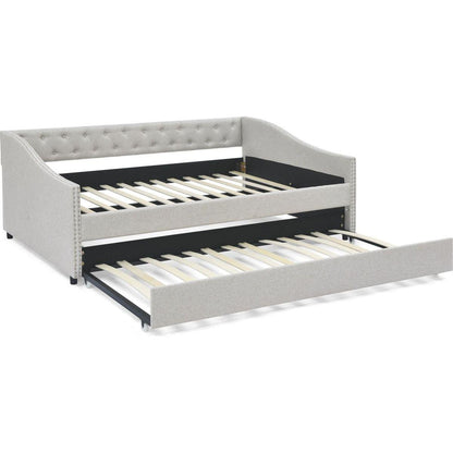 Full Size Daybed with Twin Size Trundle Upholstered Tufted Sofa Bed, with Button on Back and Copper Nail on Waved Shape Arms,Beige (80.5"x55.5"x27.5")