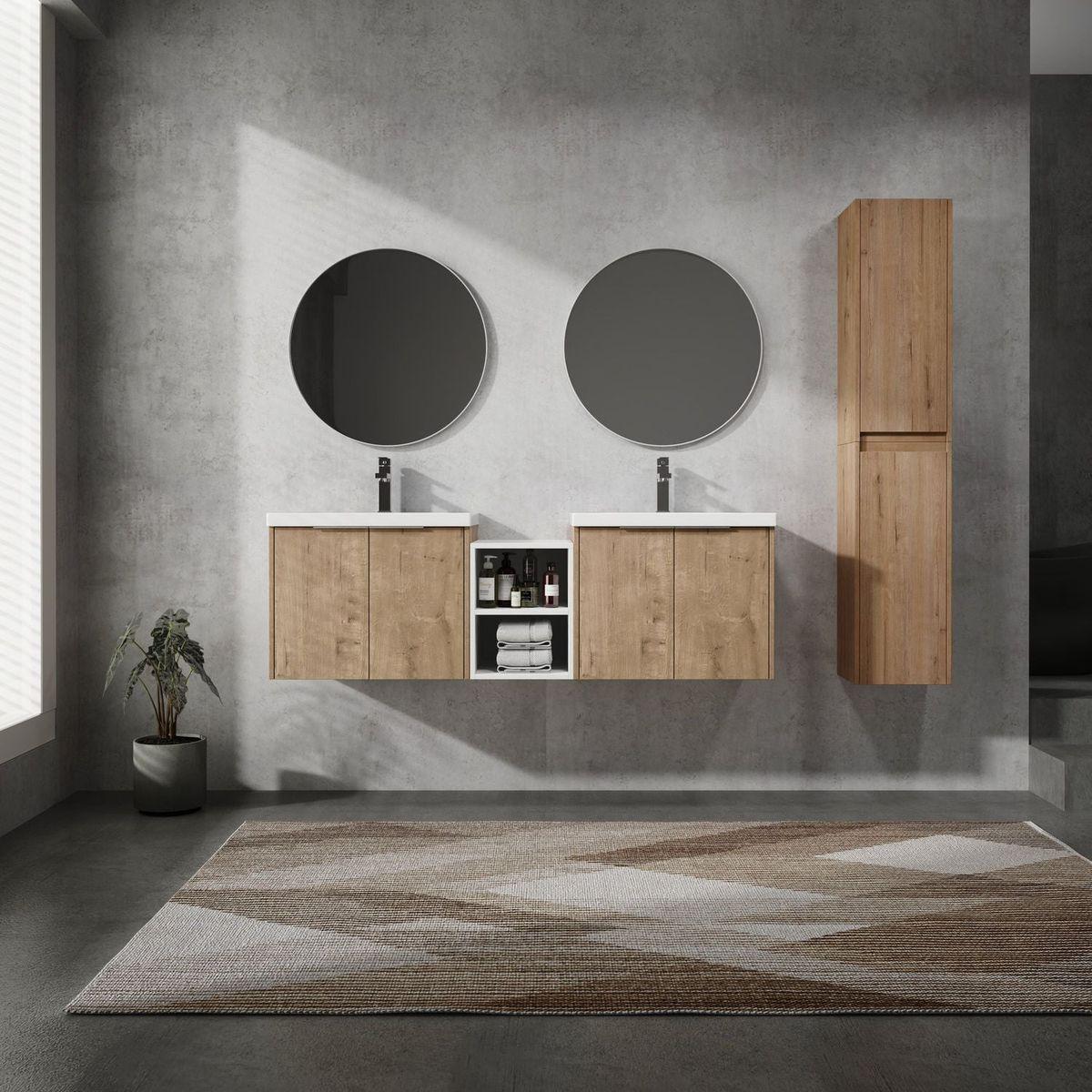 60" Wall-Mounted Bathroom Vanity With Sink and Side Cabinet, Soft Close Doors,00112IMOx2-0624IMOx2-0612GWH Combination Cabinet(KD-Packing)