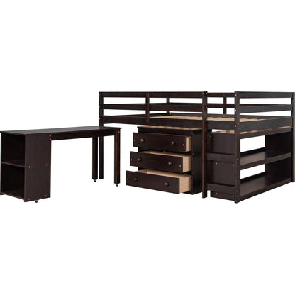 Low Study Full Loft Bed with Cabinet, Shelves and Rolling Portable Desk, Multiple Functions Bed- Espresso