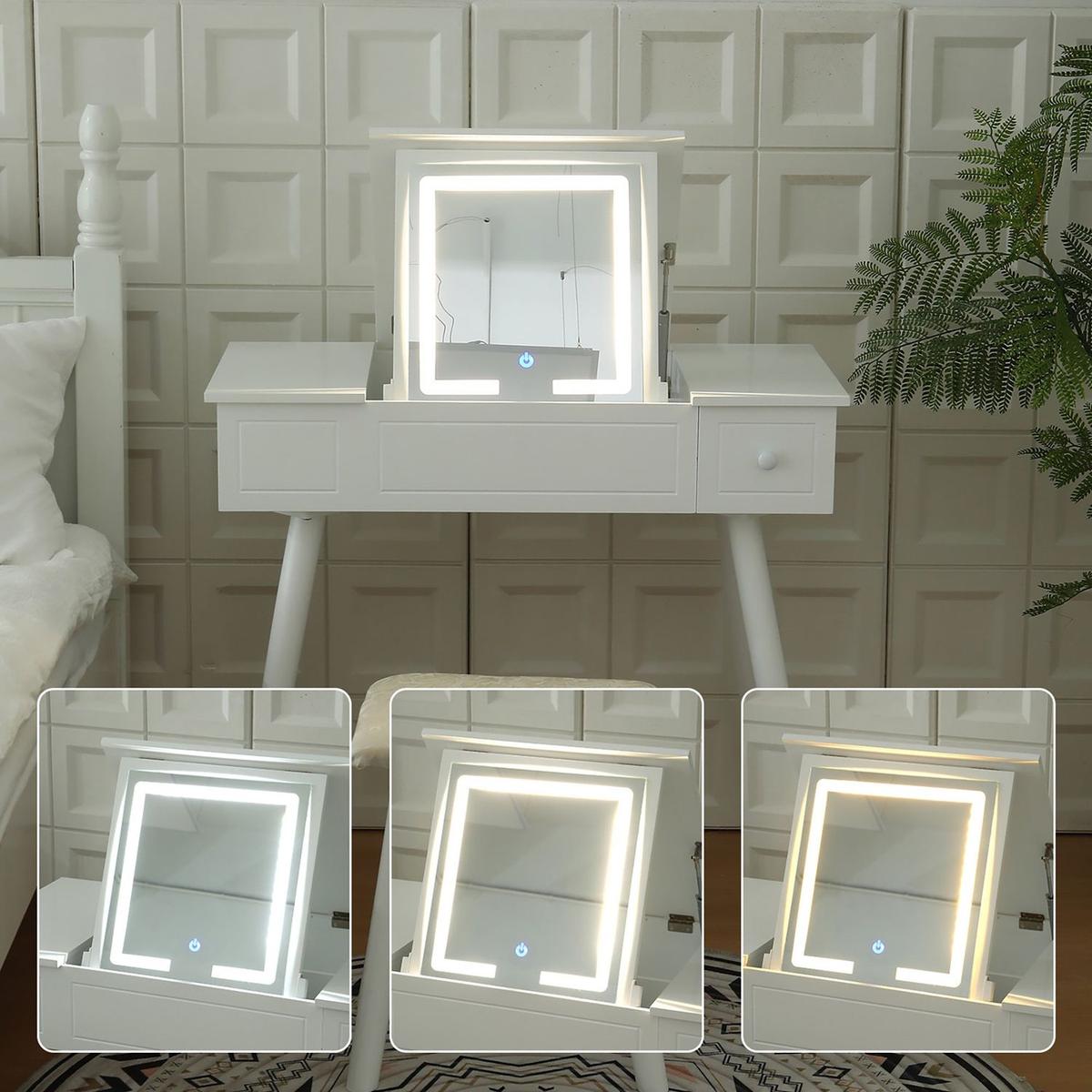 Vanity Desk Set with LED Lighted Mirror & Power Outlet, Flip Top Makeup Vanity Table with Drawers & Cabinet, for Bedroom, Bathroom