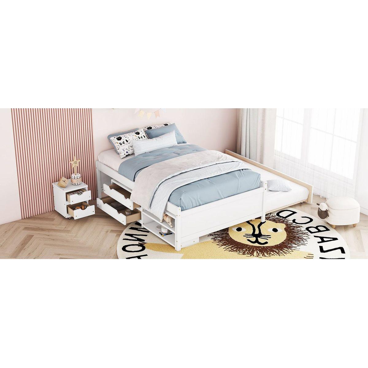 Versatile Full Bed with Trundle,Under bed Storage Box and Nightstand .White