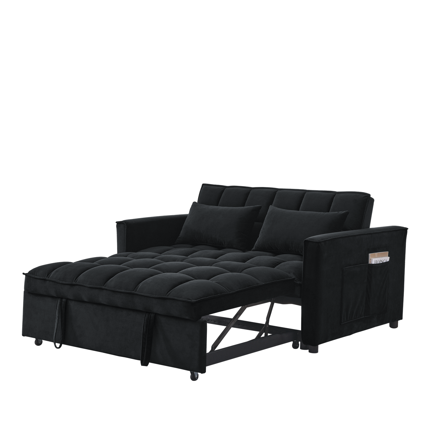 Sleeper Sofa, Convertible Sofa, Recliner, Bed, 3-in-1, 3-Position Adjustable Backrest, 2-Seater Sectional, Two Side Pockets, 2 Pillows for Living Room, Apartment, etc., Velvet Black 54" Wide.