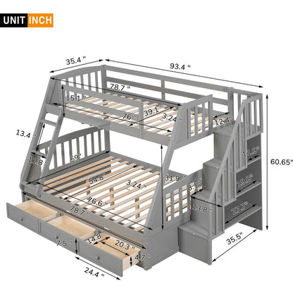 Twin-Over-Full Bunk Bed with Drawers氓Ladder and Storage Staircase, Gray
