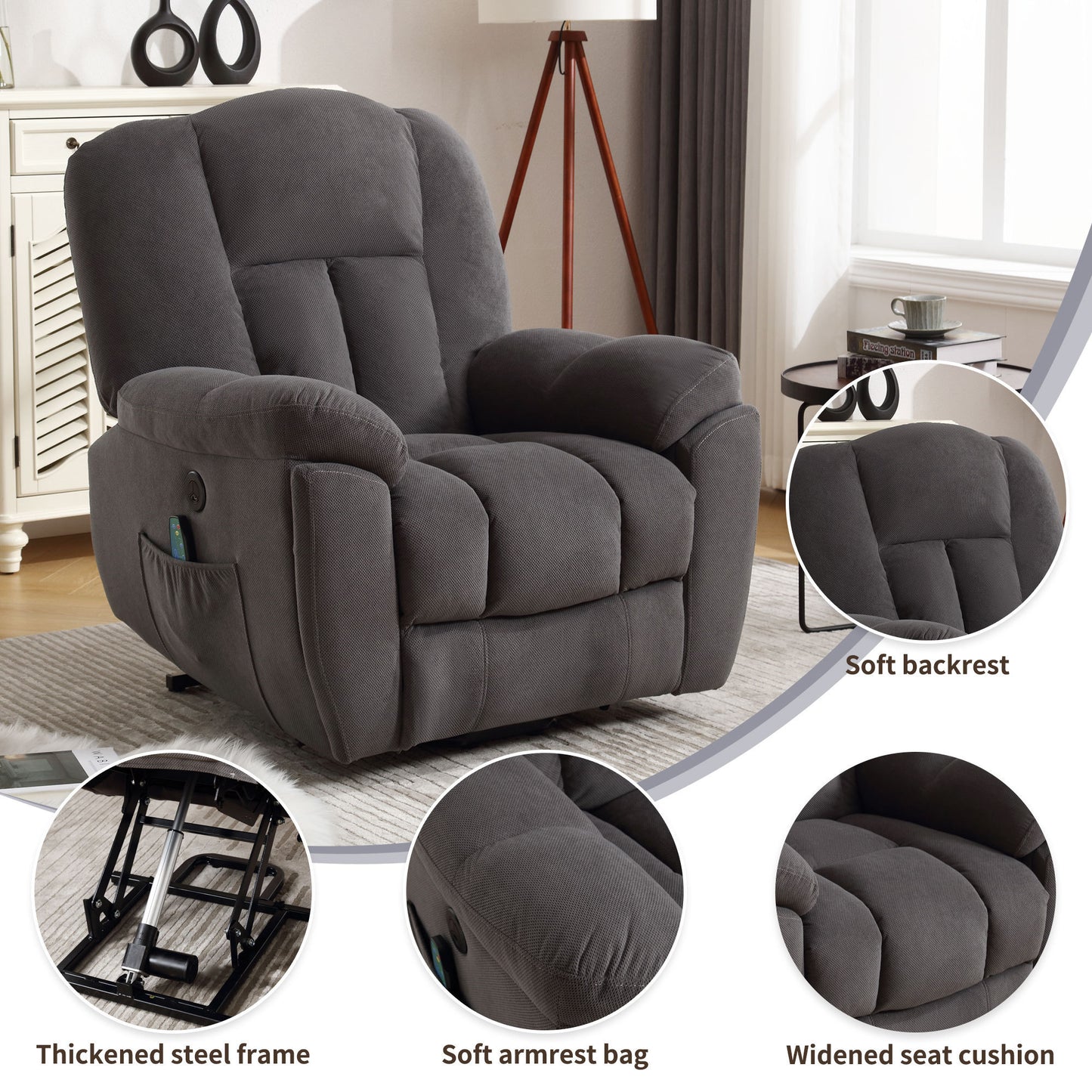 Power Lift Recliner Chair Recliners for Elderly with Heat and Massage Recliner Chair for Living Room with Infinite Position and Side Pocket,USB Charge Port(GREY)