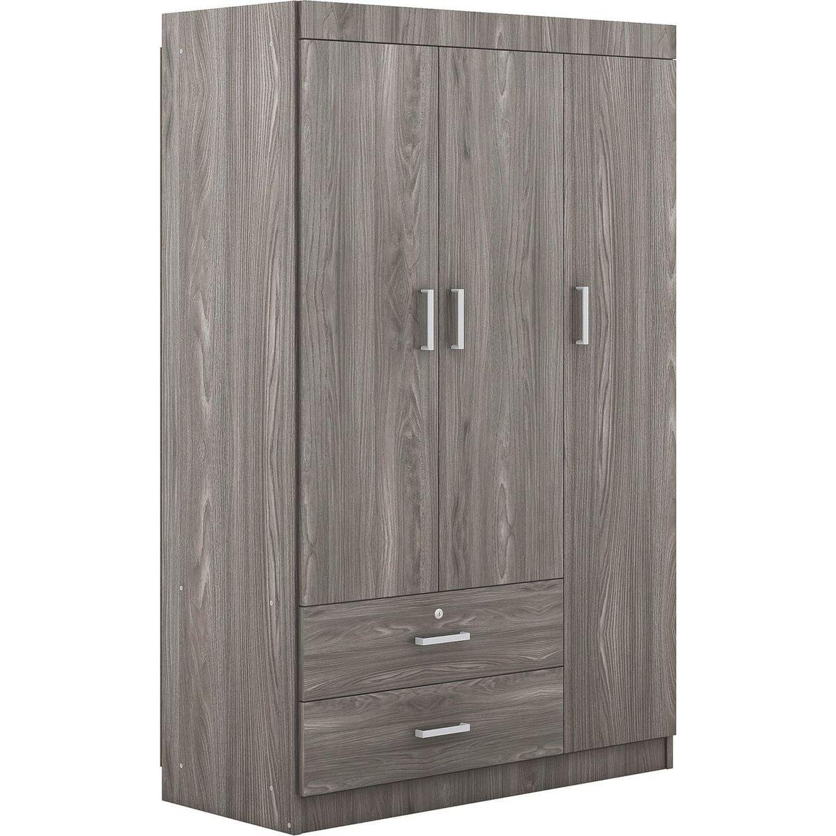 3-Door Wardrobe with 2 Drawers, Wood Grain Effect in Gray