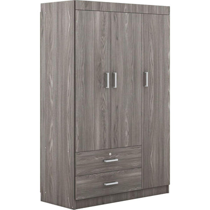 3-Door Wardrobe with 2 Drawers, Wood Grain Effect in Gray