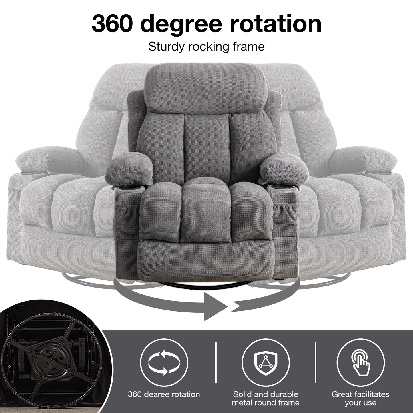 Swinging recliner massage heated sofa, with USB and 2 cup holders in side pockets, PackageA+B (gray fabric)