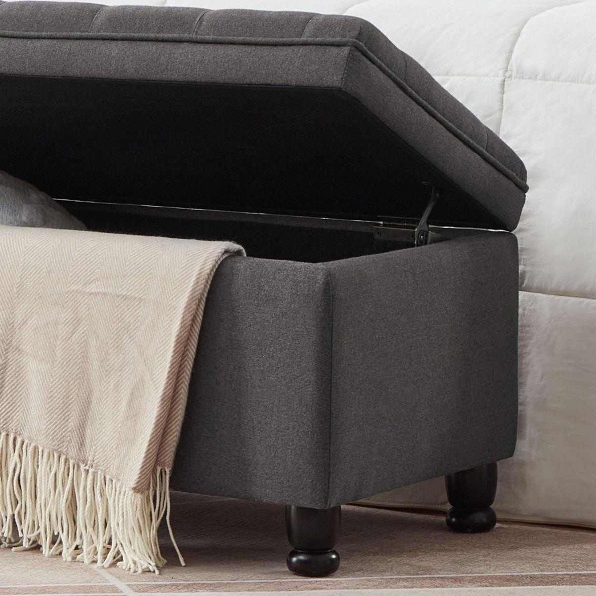 Upholstered tufted button storage bench, Linen fabric entry bench with spindle wooden legs, Bed bench- Dark Gray