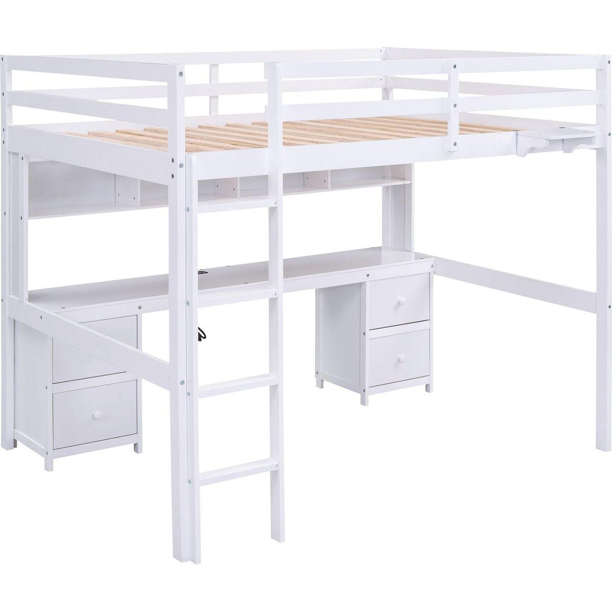 Full Size Loft Bed with Desk, Cabinets, Drawers and Bedside Tray, Charging Station, White