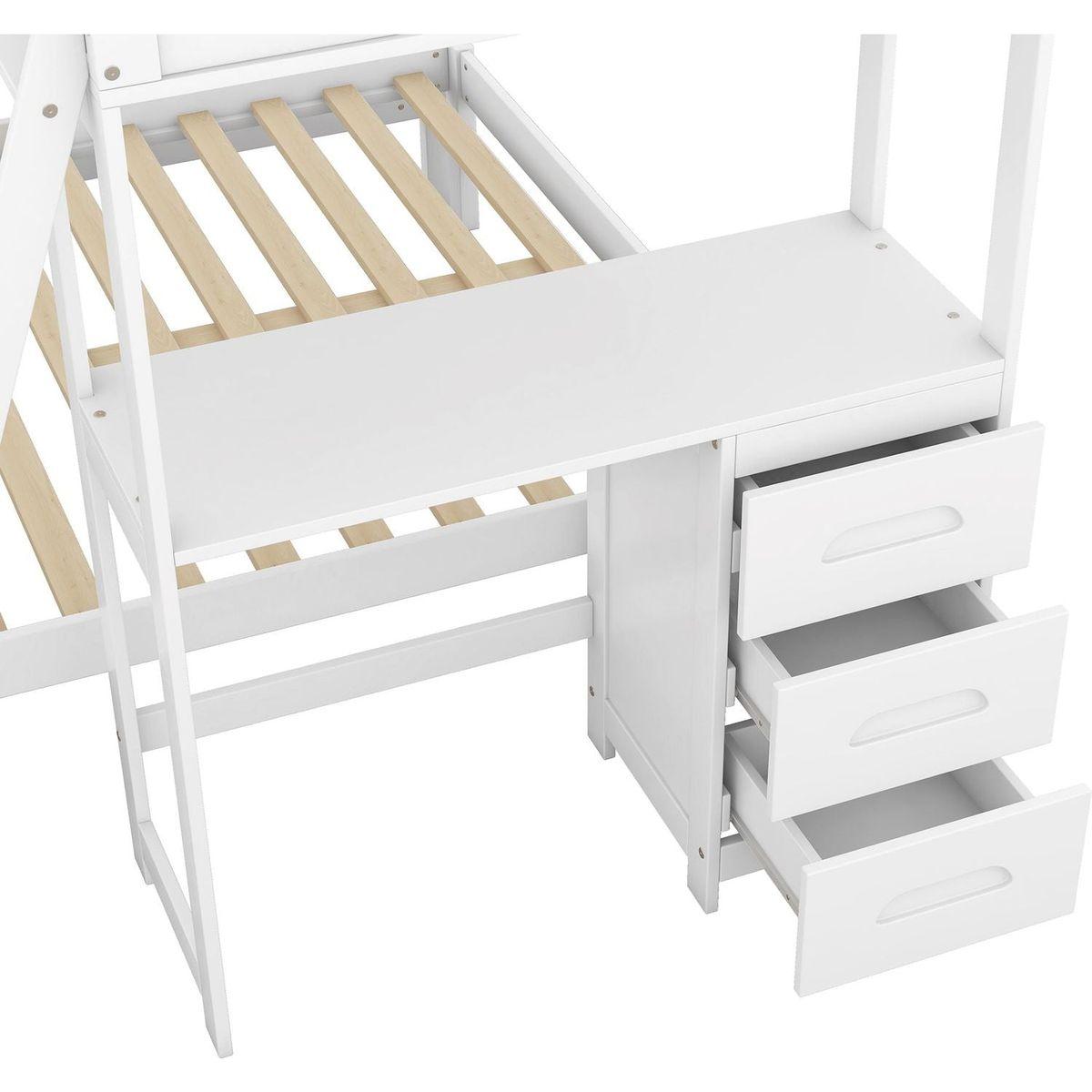Twin over Full Bunk Bed with Built-in Desk and Three Drawers,White